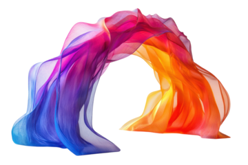 Colorful fabric flowing gracefully in an artistic arch formation showcasing vibrant hues