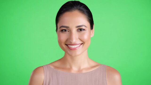 Radiant Smile Against Green Screen: A young woman with a radiant smile and healthy complexion looks directly at the camera against a vibrant green screen, offering versatility for various uses. 