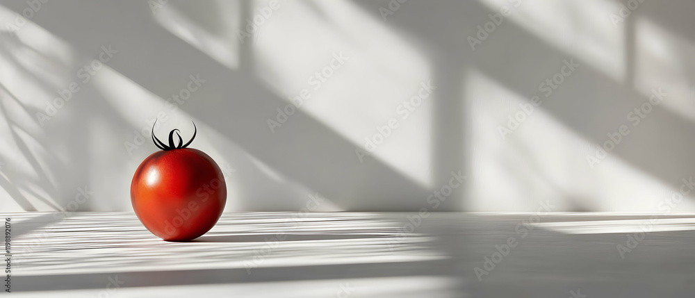 Poster tomato-shaped lamp casting shadows in a white-walled room, creating striking visual contrasts -