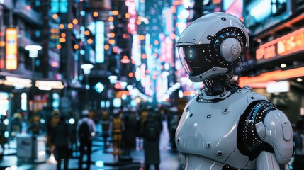 Fototapeta premium Futuristic Robot Policeman Patrolling a Bustling Urban Street