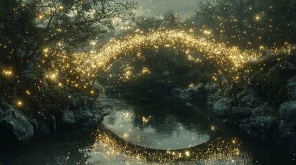 Obraz premium Magical Enchanted Forest Bridge with Glowing Lights Fantasy River Scene