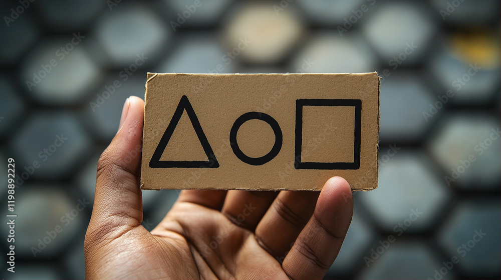 Poster shapes card with triangle circle square held by hand on textured background