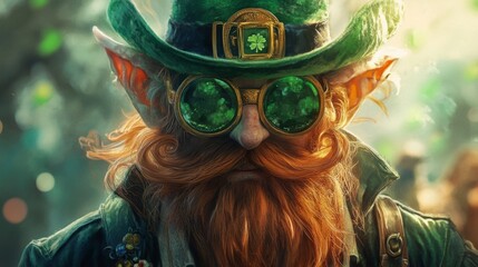 A whimsical leprechaun portrait with vibrant green attire and festive accessories