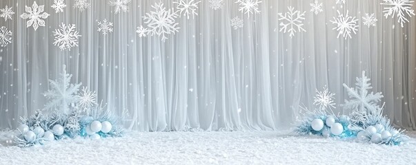 A serene winter scene featuring shimmering snowflakes, soft white drapes, and icy blue decor, perfect for a festive backdrop.