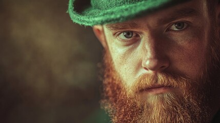 Obraz premium Close-up Portrait of a Redhead Man with a Beard Wearing a Green Hat