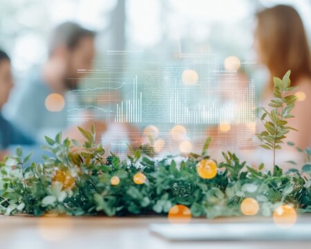 Diverse Team Analyzing Digital Sustainability Data in Cinematic Eco-Office - Empowering Corporate Strategy and Transparency in Modern Business Environments - Powered by Adobe