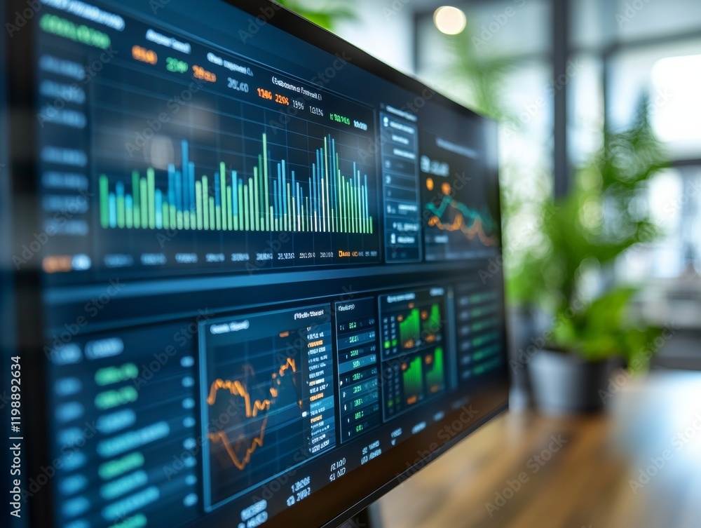 Poster Cinematic Financial Dashboard Display Transparent Digital Interface with Graphs on Glass Screen - Ethical Business and Corporate Accountability in Modern Tech