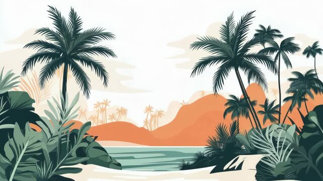 A tropical beach scene with palm trees and water, simple shapes and lines, clip art style, on a white background
