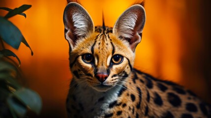 Obraz premium African Serval Cat: Closeup Shot of Alert Carnivorous Feline with Focused Ears In Wide Screen Format