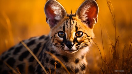 African Serval Cat - Closeup of Alert Carnivorous Animal with Focused Ears