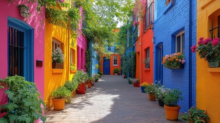 Fototapeta premium Vibrant alleyway adorned with colorful houses and blooming flowers, creating a lively atmosphere
