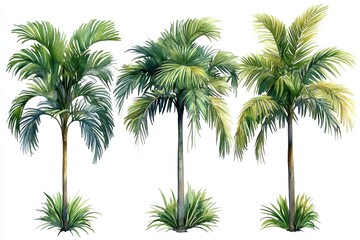 Three watercolor palm trees showcasing lush green foliage and tropical vibes.