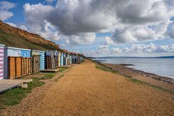 Beach Huts on the Channel Coast in Barton-on-sea, Hampshire, England, UK