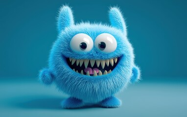 Playful blue fuzzy monster with floppy ears and a wide grin, 3D character design, on a minimal gradient background