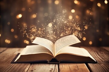 Antique Book on Wooden Table with Glitter Overlay. Aged and Classic Book with Abstract Art Background