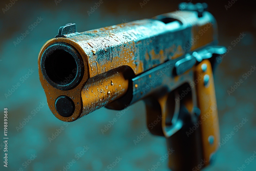 Poster a close-up view of a gun resting on a table, ready for use