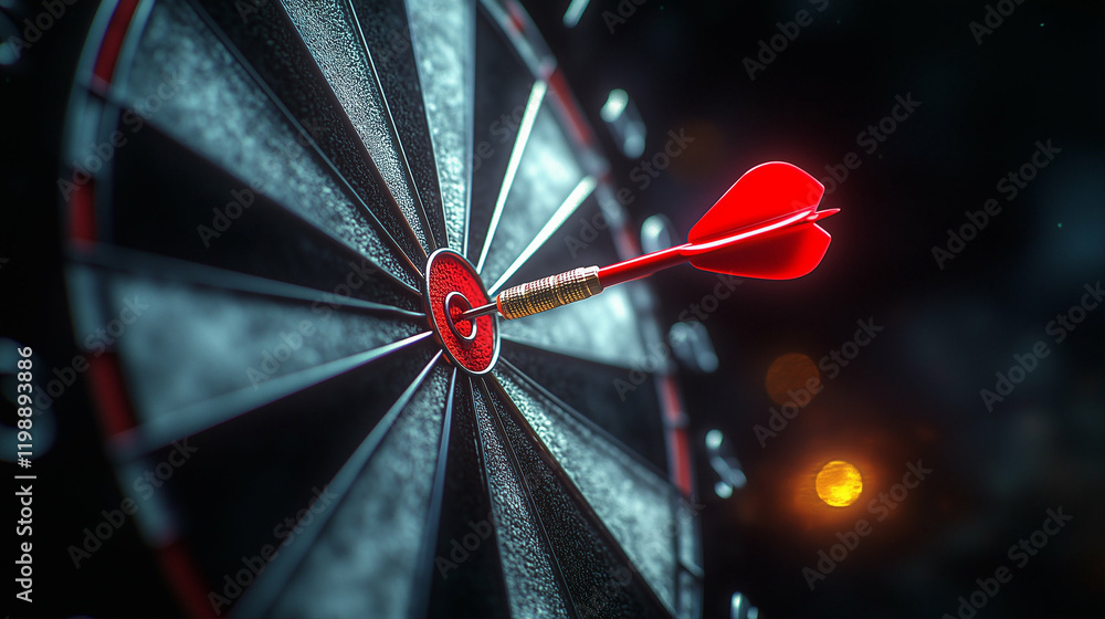 Poster dartboard with red dart hitting bullseye in dark background for game enthusiasts and sports lovers