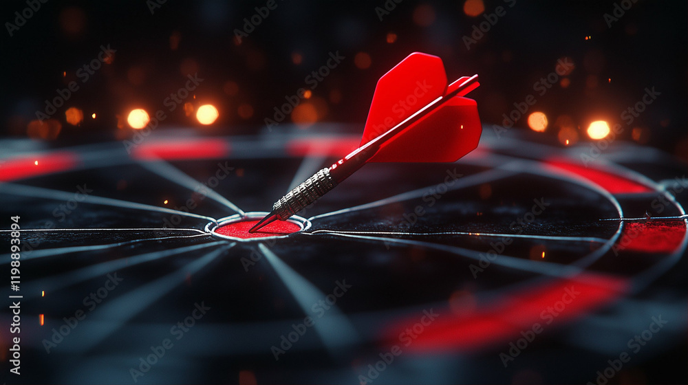 Poster dart hitting the bullseye on dartboard in an exciting game setting