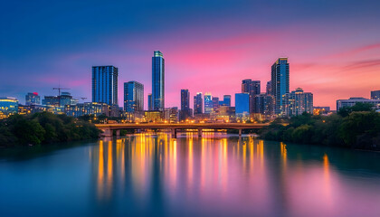 Fototapeta premium Vibrant city skyline illuminated at dusk with lively colors -