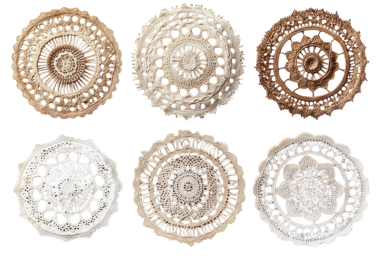 Decorative lace doilies in various intricate designs and colors arranged creatively on a white background