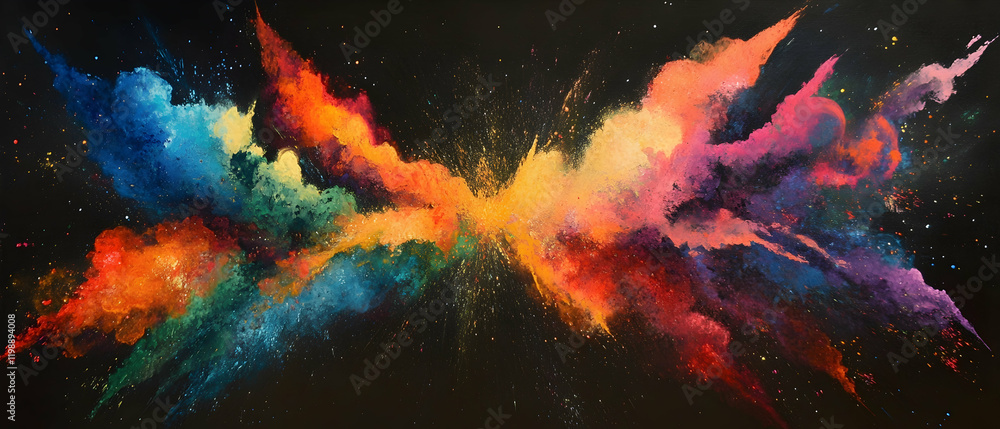 Poster vibrant explosion of colorful powder creating a dazzling display of colors against a black backgroun