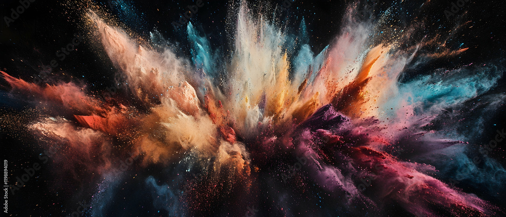 Poster vibrant explosion of colorful powder creating a dazzling display of colors against a black backgroun