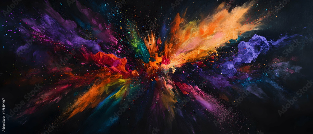 Poster vibrant explosion of colorful powder creating a dazzling display of colors against a black backgroun