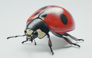 Fototapeta premium Realistic 3D model of a ladybug, red shell with black spots, isolated on a bright white background