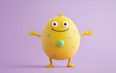 Round yellow 3D monster with a cute belly button, soft tummy, and green polka dots, standing on a pastel lavender background