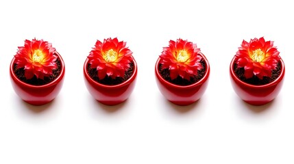 Naklejka premium Four vibrant red flower pots with blooming cacti arranged neatly on a white surface.