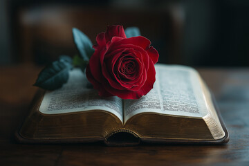  Red rose on open vintage book on wooden table.