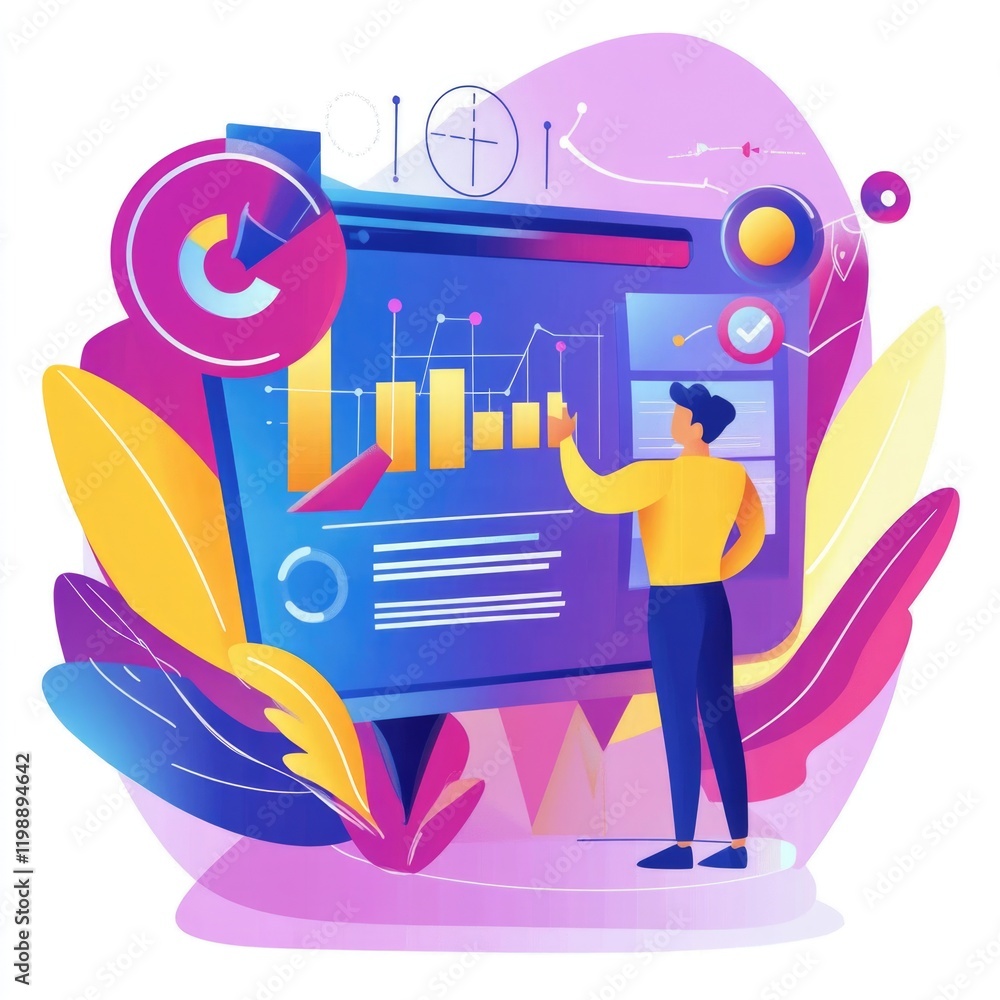 Poster a person standing in front of a large display, possibly a presentation or meeting setup