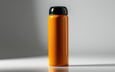 Shiny orange thermos flask with bold black details, placed on a stark white surface