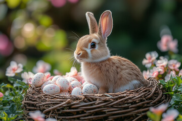Bunny in nest with pastel eggs and spring blossoms.