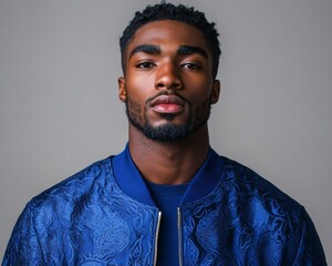 Obraz premium Urban Streetwear Portrait Sapphire Blue Bomber Jacket with Intricate Patterns - Modern Fashion Trend for Stylish Event Marketing and Bold Lifestyle Branding