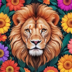A colorful lion in a flower background.