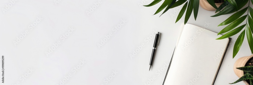 Wall mural a shot of a desk with an open notebook, pen and plant pots on a white background. web banner with co
