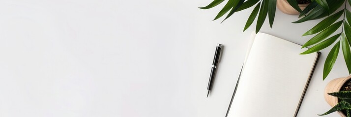 A shot of a desk with an open notebook, pen and plant pots on a white background. Web banner with copy space on the right