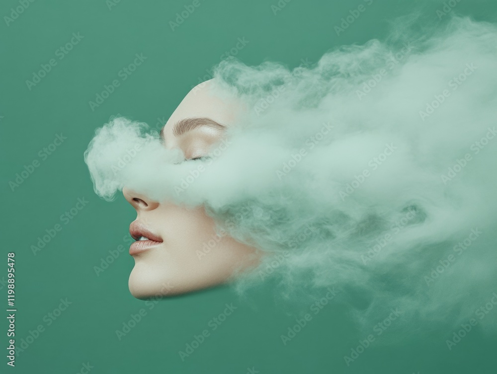 Poster mystical portrait art ethereal smoke effect on womans face for wellness content and meditation apps 