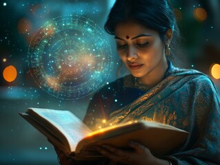 Mystical Astrology Art Indian Woman in Saree with Ancient Manuscript and Cosmic Symbols - Spiritual Content and Cultural Branding for Personal Growth