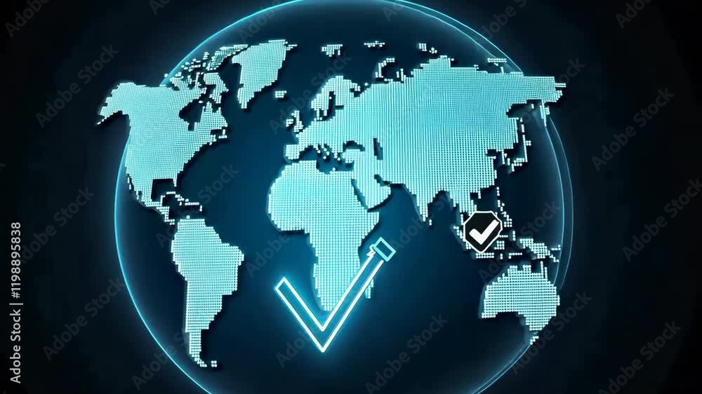 Poster digital world map with glowing checkmark illuminated global connectivity and approval on dark backgr