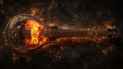 Flaming Ornate Guitar Fiery Musical Instrument Glowing Strings Dark Background