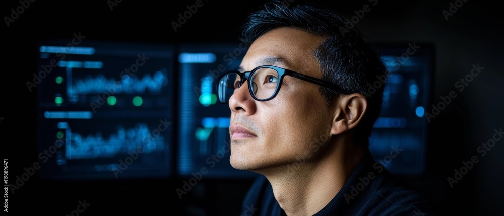 Aufkleber focused south asian male professional analyzing cybersecurity data in high-tech workspace