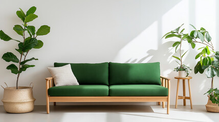 A cozy wooden sofa with green cushions, complemented by potted plants and natural sunlight.