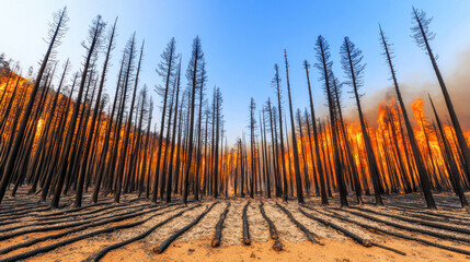 A dramatic landscape showing charred trees and flames, illustrating the aftermath of a forest fire under a clear blue sky.