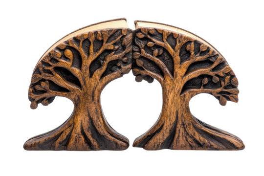 Unique decorative wooden bookends shaped like trees showcasing intricate carvings and natural wooden finish