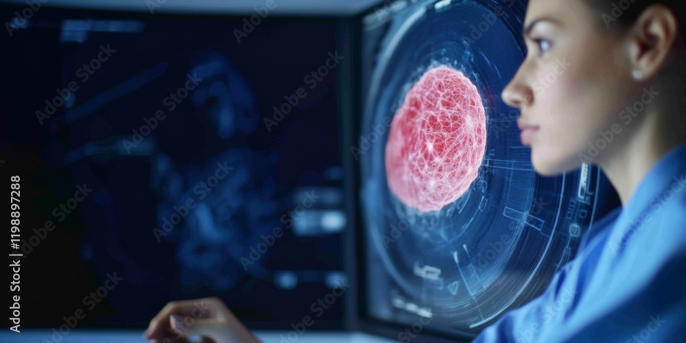 Poster cutting-edge medical analysis healthcare professional examining brain scan in high-tech command cent