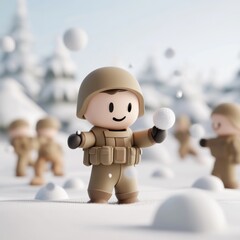 Winter playtime soldiers engaging in a snowball fight snowy landscape cartoon style cheerful atmosphere fun concept