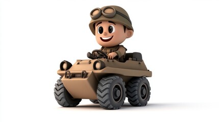 Adventurous cartoon soldier driving tiny military vehicle digital animation studio environment fun perspective for kids