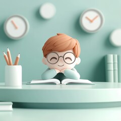 Cheerful child reading a book at a light green desk cozy study environment whimsical artwork inspirational concept